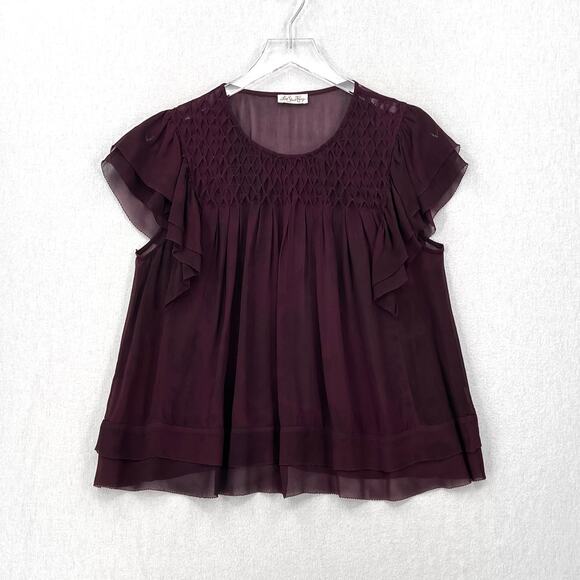 LOVESHACKFANCY Silk Blouse Top Womens Medium Burgundy Ruffle Pintuck Scoop Neck - Picture 5 of 16